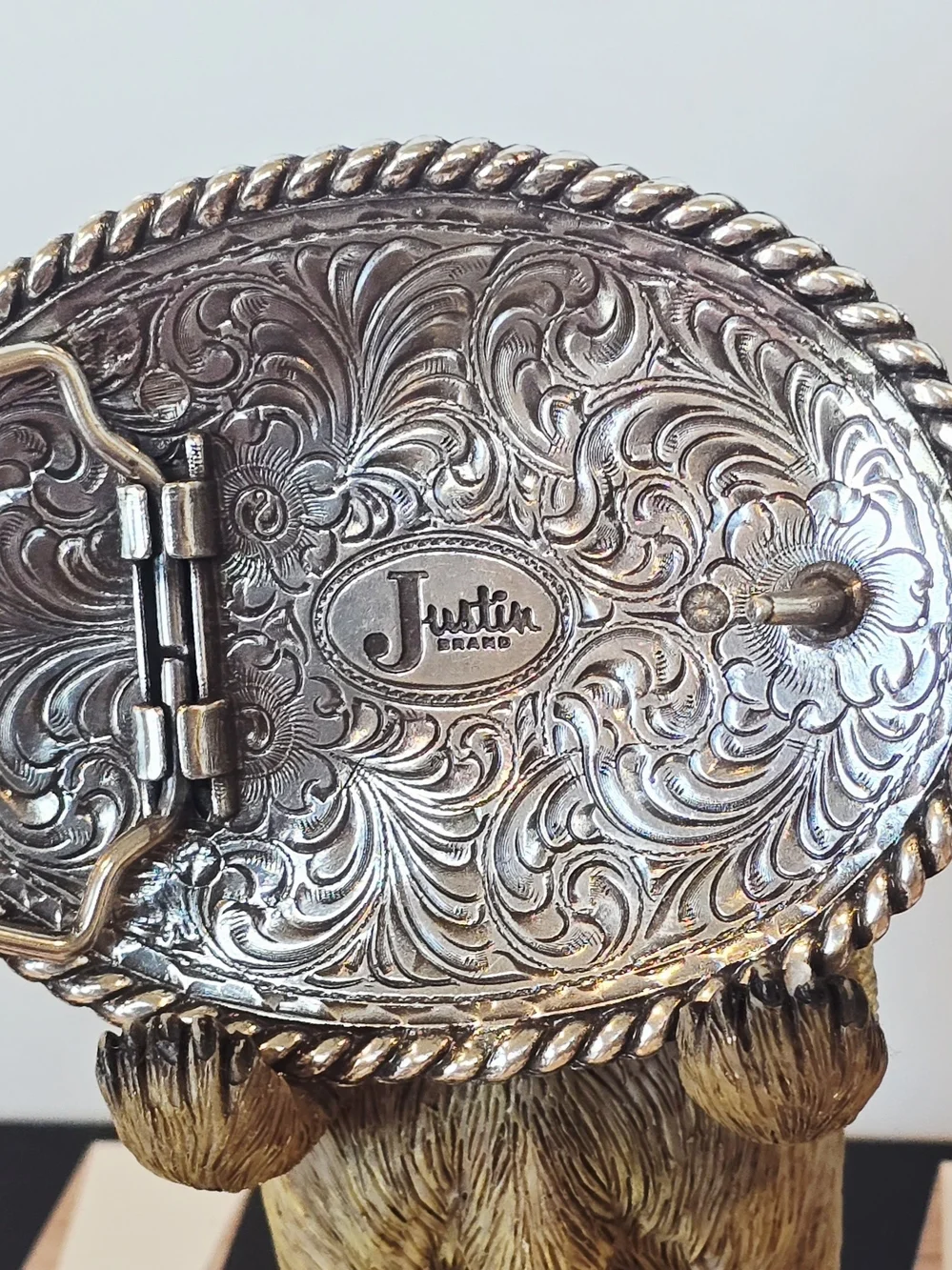 Justin Boots Silver-tone Western Buckle with Engraved Scrollwork